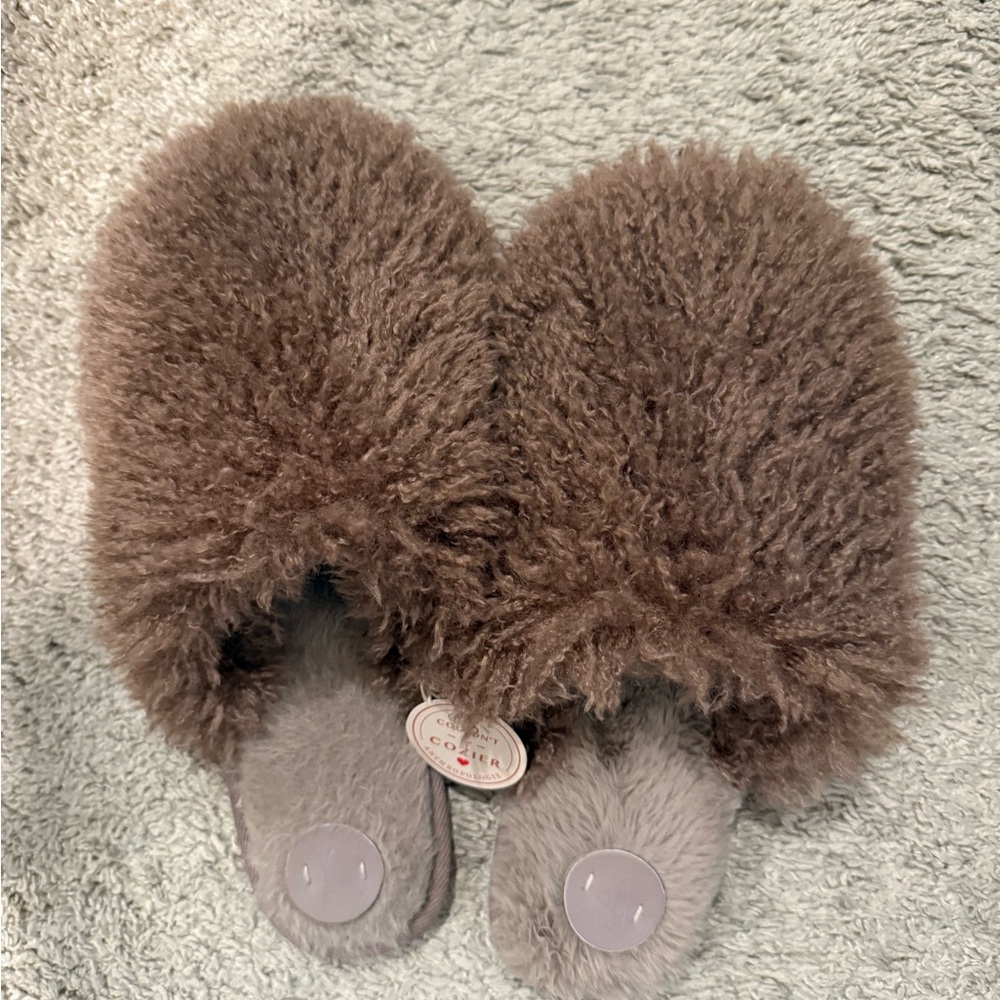 Anthropologie Plush Fuzzy Brown Slippers